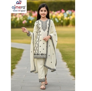 Conjunto de Kurta y Pantalones de Algodón Bordado para Niñas Ajmera, Manga Larga, Diseño de Puntos, Estilo Tradicional, Disponible en Stock - Product Image 1