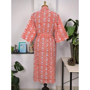 Boho Style Cotton <b>Kimono</b> Hand-Printed Indian Bagh Robe Luxurious Lightweight Summer Cover-Up Sunrise Rose Orange for Swimsuit - Product Image 4
