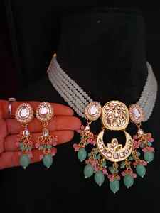 Indian Manufacturer's Gold Plated Kundan Choker Necklace Mother Pearl Multi-Color Zircon Custom-shaped Wedding Parties Bride's - Product Image 4