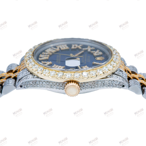Diamond-encrusted luxury <b>watch</b> with blue dial, Roman numerals, two-tone <b>bracelet</b>, and a dazzling bezel for a bold, elegant look. - Product Image 4