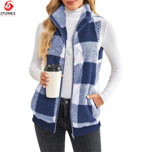 Veste polaire femme sans manches avec poches chaud fermeture éclair vêtements d'extérieur léger Plaid col montant gilet - Product Image 4