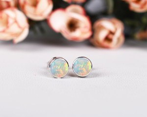 Pendientes de Ópalo Redondos para Mujer, Regalos de Cumpleaños, Joyería de Ópalo, Pendientes de Piedra Natal - Product Image 5
