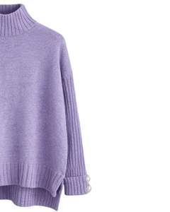 Ensemble personnalisé de pull en tricot et pantalon large en lavande pour femmes, pull à col montant, vêtements de détente confortables pour l'hiver, fabricant personnalisé OEM - Product Image 2