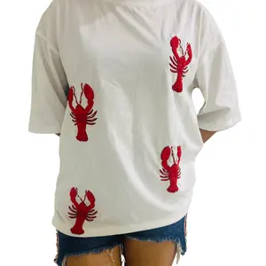 New Style Factory Crawfish Beaded Patch Women T-shirt 2024 Crawfish Women T-Shirt Custom Casual Summer Girls T-shirt