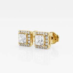 Princess Cut Lab Grown Diamond <b>Earrings</b> 9K Gold Halo Stud with Geometric Bezel Setting for Engagement in Rose White Yellow Gold - Product Image 1