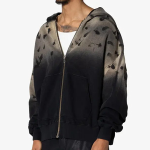 Venta al por mayor personalizado ácido lavado desgastado sudaderas con capucha para los hombres | Ripped Oversized Vintage Zip-Up térmica Hoody con bordado - Product Image 4