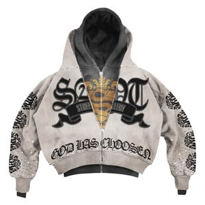 Ensemble survêtement unisexe personnalisé, streetwear d'hiver, surdimensionné, vintage, délavé à l'acide, avec strass, en coton et polyester lourd, 2 pièces - Product Image 2