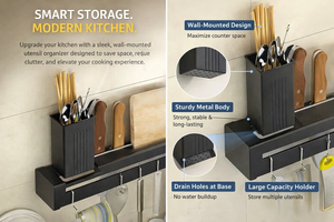 Wall-mounted <b>Storage</b> Organizer <b>Kitchen</b> Knife Spoon Utensils Wall-mounted Holder <b>Rack</b> with Towel Hanger - Product Image 4