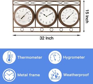 3 in 1 Metal Wall <strong>Clock</strong> with Thermometer Hygrometer <strong>Weatherproof</strong> Silent Analog Quartz for Indoor <strong>Outdoor</strong> Living Room - Product Image 2