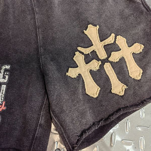 Vintage Wash Thick Cotton Streetwear Sweat <b>Shorts</b> Custom Logo <b>Men</b> Applique Embroidery <b>Patched</b> Raw Hem French Terry <b>Shorts</b> - Product Image 3