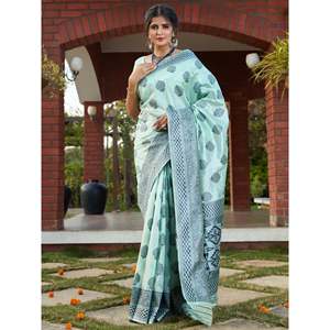 Impresionante Sari de Seda Banarasi Azul Claro, Tejido de Alto Rendimiento para Festivales - Product Image 3