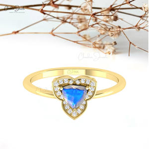 New Arrival 2025 Genuine 5mm Trillion Cut Rainbow Moonstone & Pave Set Diamond Halo Ring Jewelry Manufacturer Direct Supply - Product Image 5