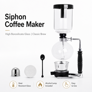 Cafetière à siphon en <span class=keywords><strong>verre</strong></span> borosilicate 3/5 tasses - Cafetière manuelle à vide avec poignée noire et filtres en tissu pour usage domestique - Product Image 1