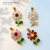 Ciondoli a forma di fiore in ottone per gioielli da donna, con fiore rosa, rosso e foglia verde, con zirconi e dettagli vegetali naturali, per la creazione di accessori fai da te