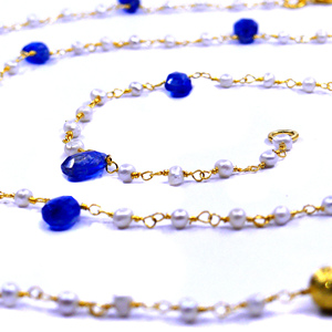 Traditional Sterling Silver 925 <b>Gold</b> Plated Pearl Kyanite Gemstones Latest Ladies Wear <b>Long</b> <b>Chain</b> <b>Necklace</b> - Product Image 3