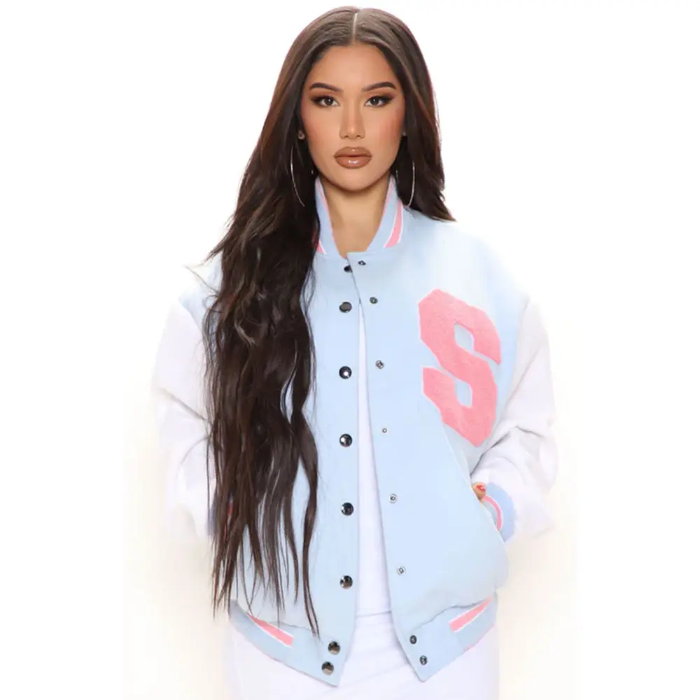 Últimas Atacado Moda Casual Senhoras Baseball College Jacket Personalizado Patchwork Couro Manga Varsity Jaquetas