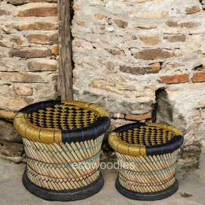 Taburete de Cuerda Tejido a Mano, Elegante, Tradicional, Multiusos, de Mimbre Natural, Ecológico, Muebles para Patio Escolar, Consola con Incrustaciones de Hueso - Product Image 4