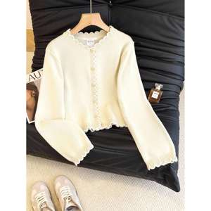 Ruffle Trim Long Sleeve <b>Cardigan</b> Black And <b>White</b> Women's Knitwear - Product Image 6