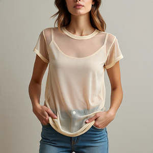 เสื้อยืดตาข่ายผ้าโปร่งสำหรับผู้หญิงเสื้อยืดคอกลมแขนยาวผ้าโพลีเอสเตอร์เซ็กซี่สำหรับผู้หญิงเสื้อตาข่ายโปร่งแสง - Product Image 5