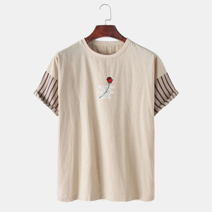 High Quality Breathable <b>Men's</b> Cotton O-Neck <b>T</b>-<b>Shirt</b> Short Sleeve <b>Floral</b> Print Contrast Trim Loose Fit Casual Wear - Product Image 1