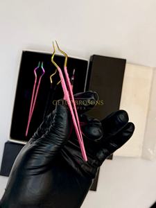 Pince à épiler courbée de haute qualité pour extensions de cils, avec pointe dorée et poignée diamantée, pour isolation et application de poudre rose, instrument de beauté - Product Image 4