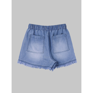 Paola Riboni Pantalones cortos de mezclilla para mujer, lavado claro, cintura alta, con cordón, informales, de verano, con bolsillos y dobladillo deshilachado - Product Image 3