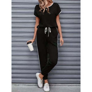 Ensemble deux pièces pour femme, chemisier à manches courtes, col rond, détails rayés, viscose, deux fils, et pantalon, 31177 - Noir - Product Image 1