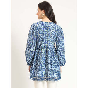 Divena bleu coton col en v haut dames bohème décontracté Satin soie lin longues Options courtes à volants nœud automne printemps Vintage Logo - Product Image 2