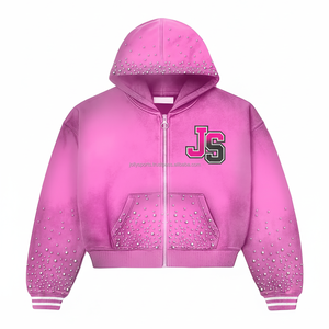 Sweat à capuche zippé en polaire lourde 400GSM sweat à capuche dégradé rose chaud strass design personnalisé logo brodé basique sweats à capuche - Product Image 1