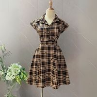 Robe longue moderne pour femme - Tissu en soie tricotée douce, col rabattu, manches courtes, motifs floraux et à carreaux, taille naturelle, respirante