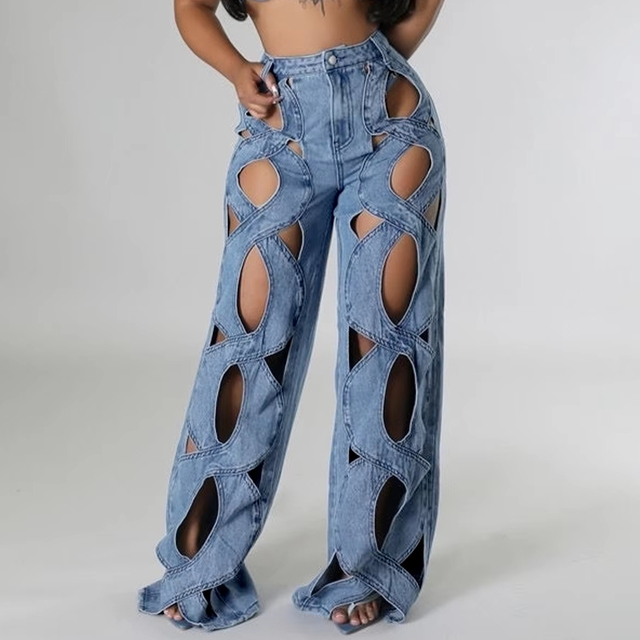 Custom High Waisted Jeans Casual Cross Strap Dark Wash Solid Hollowed Out Details Wide Leg Pants Womens Denim