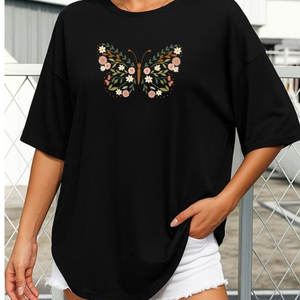 Camiseta de Algodón con Estampado de Flores para Mujer, Top Ajustado Rosa Elegante, Ropa Casual de Calle, Perfecta para Uso Diario, Personalizable - Product Image 2