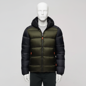 Blouson matelassé personnalisé bicolore, corps vert, manches noires, capuche, manteau d'hiver rembourré, fermeture éclair isolée, broderie sur le devant - Product Image 1