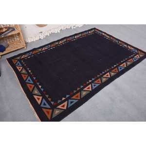 Tapis Ethnique Vintage Turc 4.7X7 Pieds Noir Patchwork Design Grande Surface Laine Latex Pile Moyenne Salle à Manger Eco-Friendly - Product Image 3