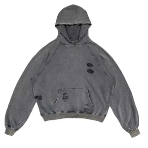 Sudaderas con capucha Vintage de algodón grueso de alta calidad, venta al por mayor, jersey en blanco, Sudadera con capucha en blanco desgastada lavada con piedra ácida desgastada recortada - Product Image 4