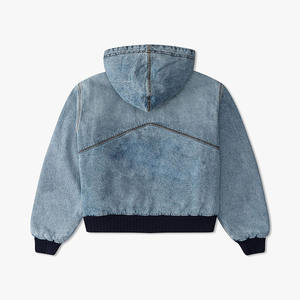 Blouson à capuche zippé en jean pour homme, style streetwear vintage, en molleton bouclette effet délavé, avec broderie vieillie et coupe courte - Product Image 1