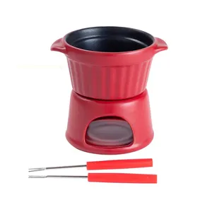 Fabricage Op Maat Gemaakte Keramische Boterwarmer Set Met Vorken Mini Keramische Kaas Chocolade Kaars Fondue Pot Plaat