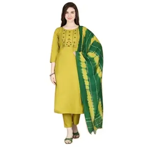 Trending Indian Traditional Festival Wear Cotton Blend Beautiful Embroidery Work Kurti Pant With Dupatta