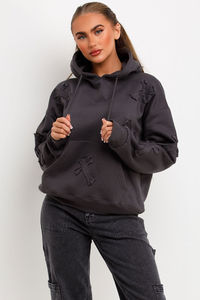 Sudadera de algodón 100% de peso pesado para mujer Sudadera con capucha bordada desgastada con ropa deportiva cómoda Patrón de punto sólido - Product Image 3