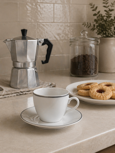 Durable Porcelain <b>Set</b> 6-pcs Round Espresso Coffee Cups w/ Saucers 10 cl (3.38 fl oz) Elegant Luxury Design Platinum Excelsa - Product Image 5