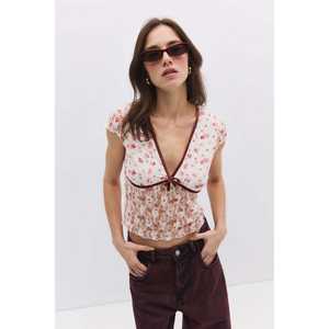 Camiseta de Encaje Casual para Mujer, Corte Ajustado, Estilo Y2K, Camiseta Corta, Transpirable y Ligera, Top de Poliamida, Talla XL para Verano - Product Image 1