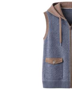 Manufacturer Custom <b>Men</b> Blue With Brown Hooded Sleeveless Knit <b>Vest</b> Wool Acrylic Blend Full Zipper Winter Casual <b>Sweater</b> Jacket - Product Image 3