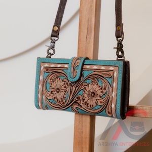 New Western Style Color <b>Tooled</b> <b>Leather</b> Women Clutch Purse Hot Selling Compact Size Turquoise Color <b>Tooled</b> <b>Leather</b> Trendy Clutch - Product Image 3