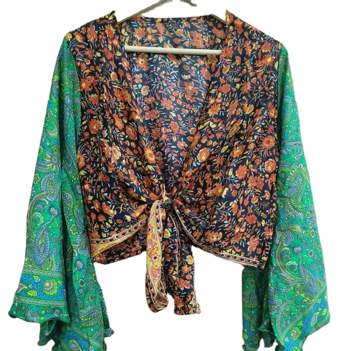 Indian Silk Wrap Top Handmade Boho Hippie Front Bell Sleeve Top Crepe Silk Top Silk Blouse For Women Silk Wrap Tie Top Blouse