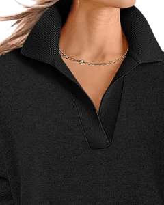 Women Black Collared <b>V</b> <b>Neck</b> Knit Sweater <b>Long</b> <b>Sleeve</b> Loose Fit Soft Winter Pullover Casual Elegant Daily Wear <b>Top</b> For Women Trnd - Product Image 4