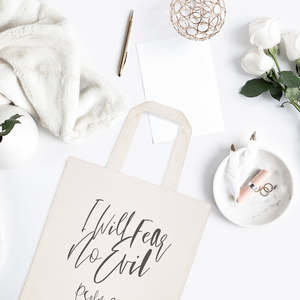 Cotton Canvas Tote Bag Eco-Friendly Medium Beach Bag Heat Transfer Psalm 23:4 Print Jute Material Fear No Evil Striped Pattern - Product Image 3