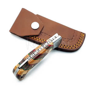 Couteau pliant en acier Damas personnalisable en gros gaine en cuir manche en bois poche OEM bricolage usage extérieur vente à chaud - Product Image 4