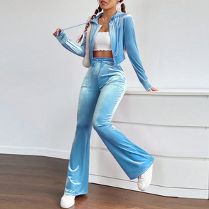 Oem Wholesale Custom Manufacturer High Quality Velvet 2 Piece <b>Set</b> Customized Drawstring Velvet Two Piece Women Tracksuit - Product Image 5