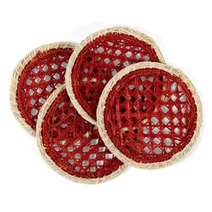 Posavasos de mimbre Natural para Decoración de mesa, juego de posavasos redondos de Estilo Vintage para boda, tejido a mano, Rojo - Product Image 3