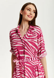 Nuevo diseñador de las mujeres de estilo indio fucsia cebra estampado Midi camisa vestido de media manga patrón Floral Logo espalda imperio gasa - Product Image 5